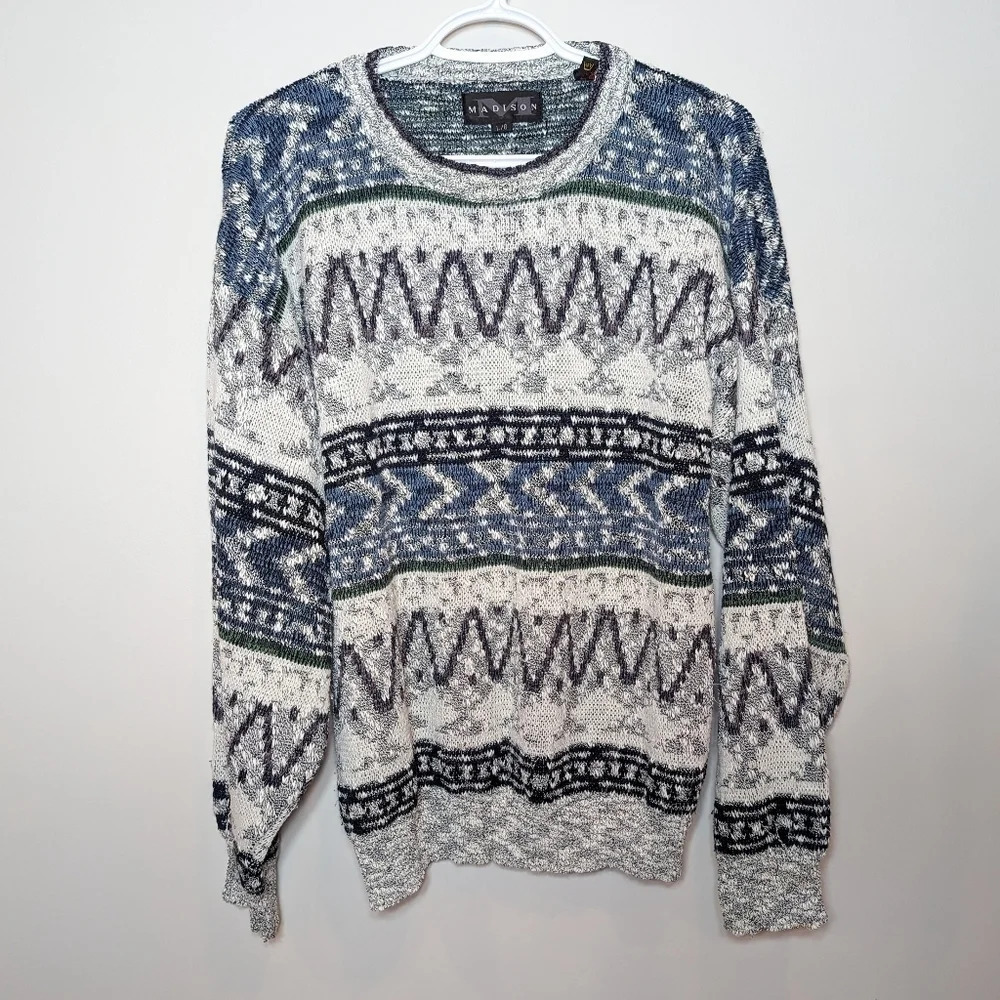 Vintage  Madison Crew Neck Knit Zigzag Pattern Sweater Mens Large Unisex